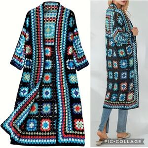 New Multicolored Crochet Long Cardigan Open Front Boho Granny Square Patchwork